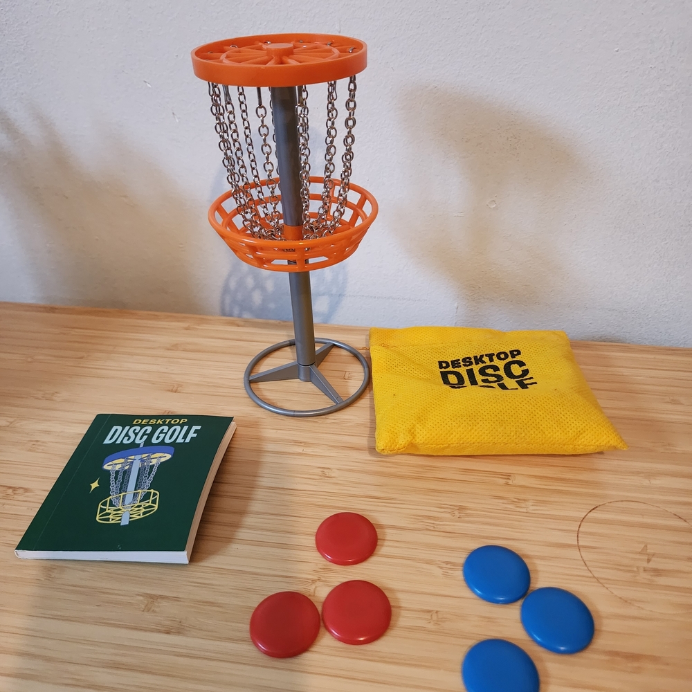 Desktop Disc Golf Set with Orange Basket and Blue Discs